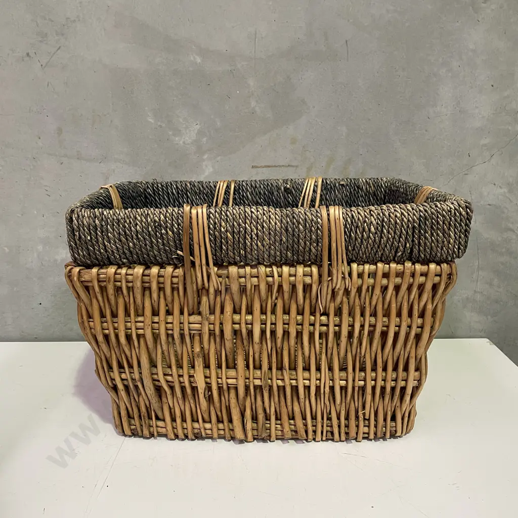 Large Cane Storage/Wardrobe Basket with Blue Rope Style Border H38cm 45 x 58cm Image 1++