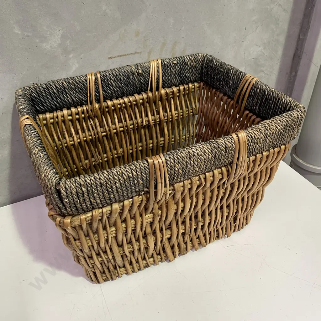 Large Cane Storage/Wardrobe Basket with Blue Rope Style Border H38cm 45 x 58cm Image 1++