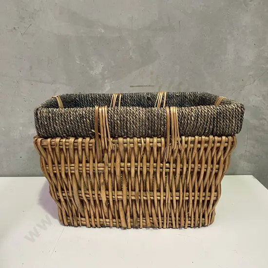 Large Cane Storage/Wardrobe Basket with Blue Rope Style Border H38cm 45 x 58cm
