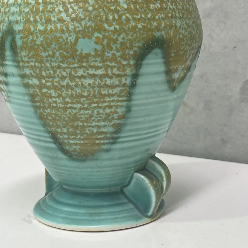 Crown Devon Art Deco Vase. Ribbed Green with Yellow Mottled overglaze. H19 Dia17cm Image 1++
