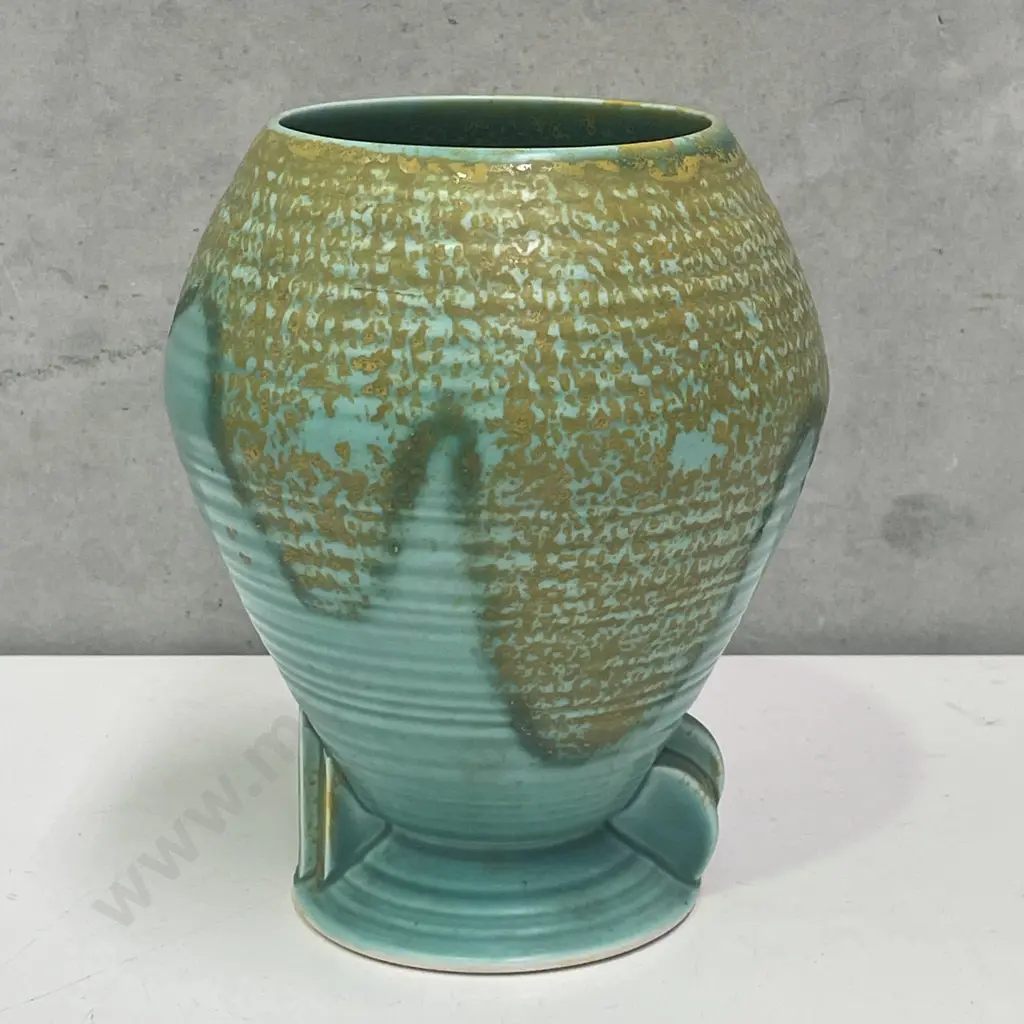 Crown Devon Art Deco Vase. Ribbed Green with Yellow Mottled overglaze. H19 Dia17cm Image 1++