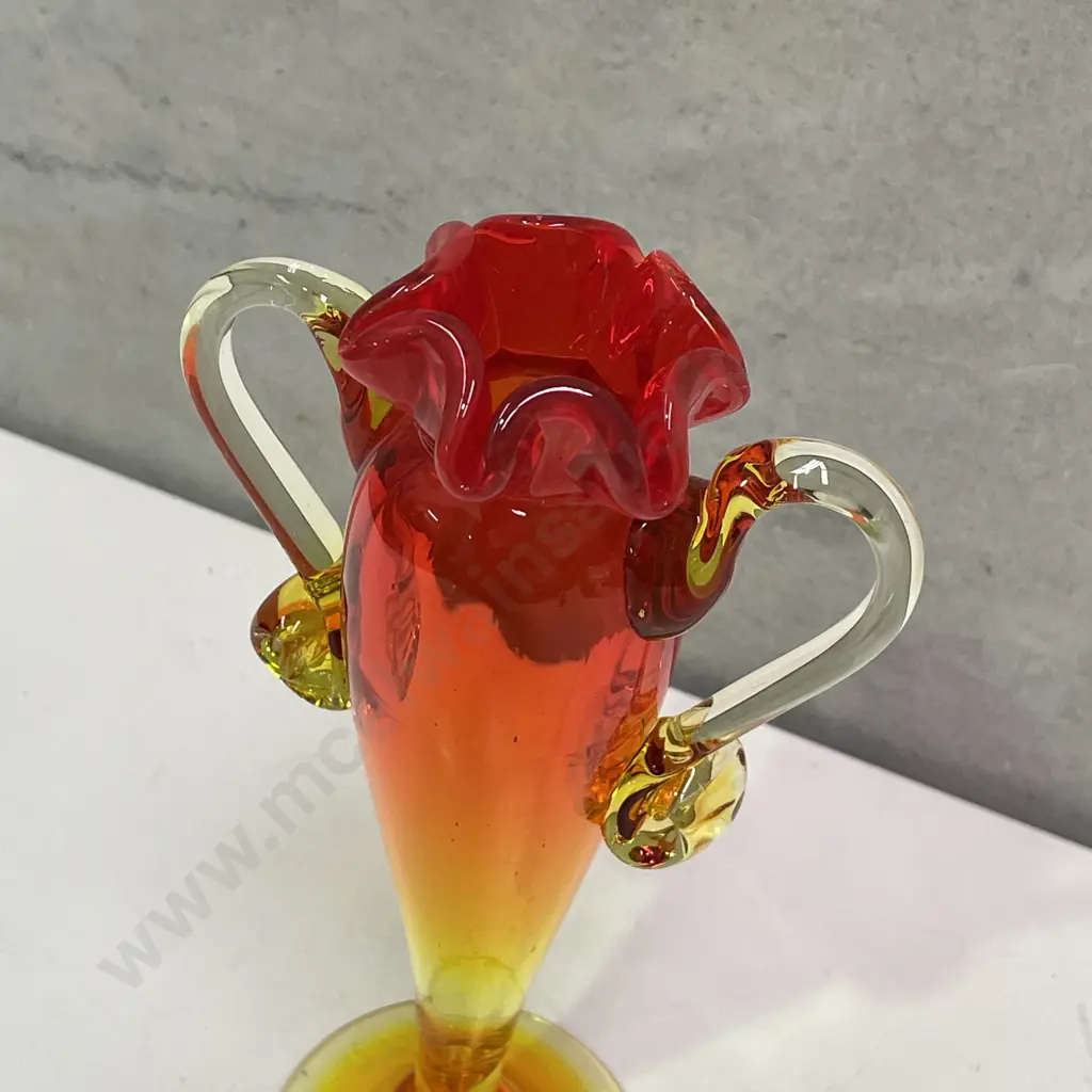 Slender two handled, ruffled top Art Glass Vase. Orange, and lemon colourway Image 1++