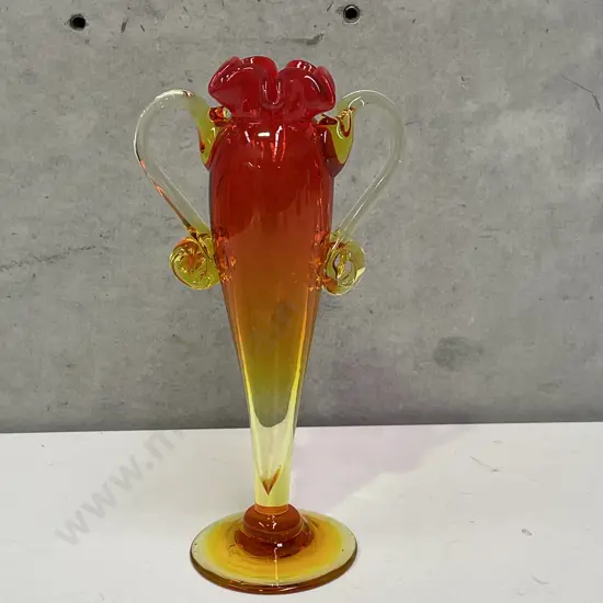 Slender two handled, ruffled top Art Glass Vase. Orange, and lemon colourway