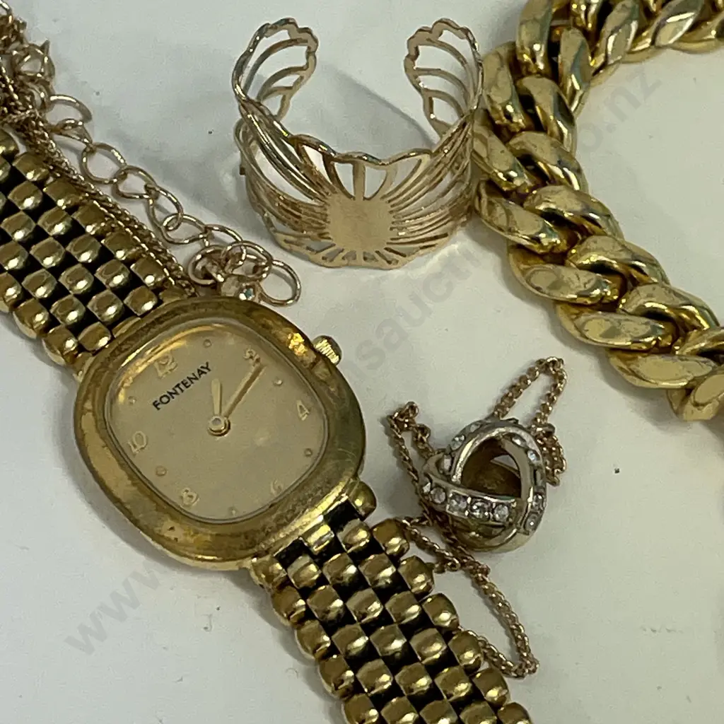 Fontenay Paris Watch with gold coloured fob chain, butterfly ring and gold necklace with orb diamante pendant Image 1++