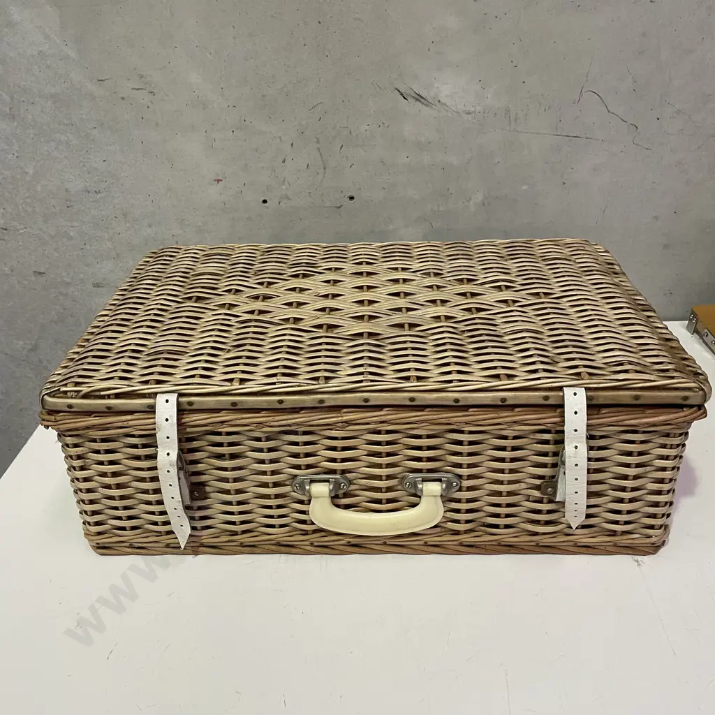 Large Vintage Cane Picnic Basket with Assorted Multi-coloured Duraware Image 1++