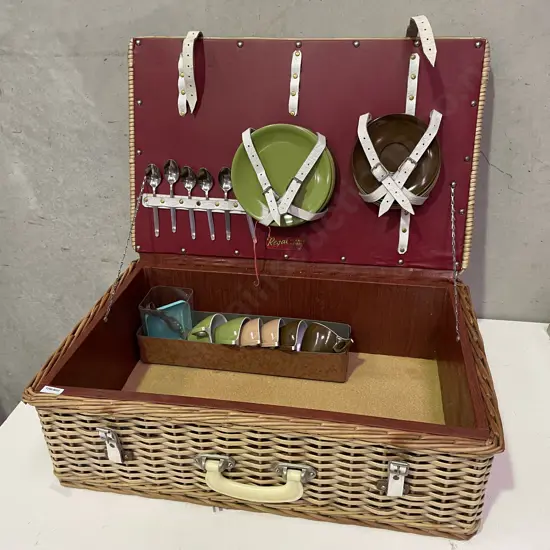 Large Vintage Cane Picnic Basket with Assorted Multi-coloured Duraware
