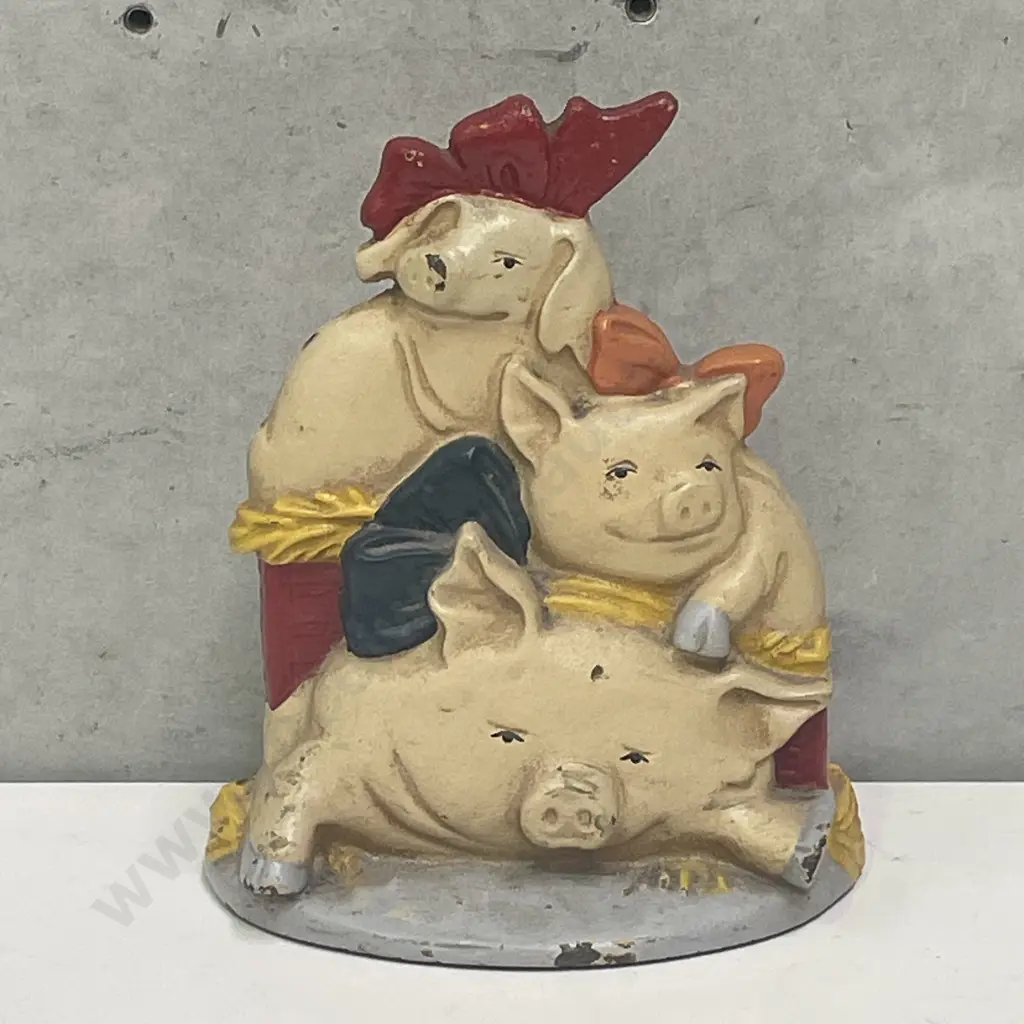 Vintage Handpainted Cast Iron 3 Little Pigs Doorstop Image 1++