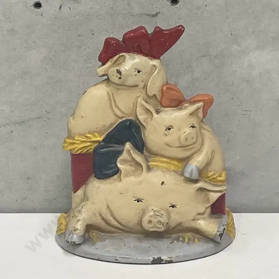 Vintage Handpainted Cast Iron 3 Little Pigs Doorstop