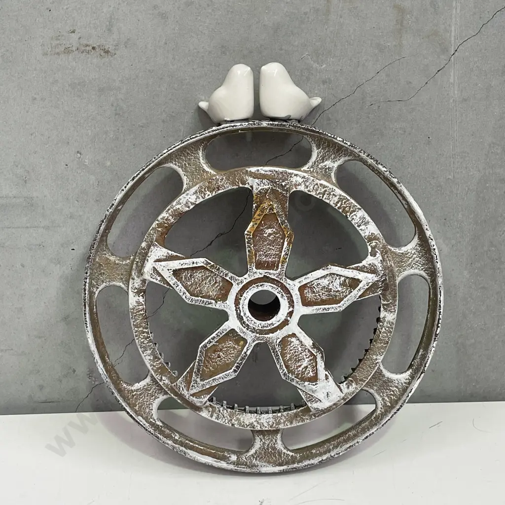 Vintage Metal Farm Wheel with Ceramic Lovebirds Image 1++