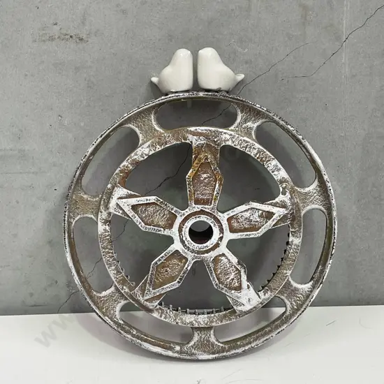 Vintage Metal Farm Wheel with Ceramic Lovebirds