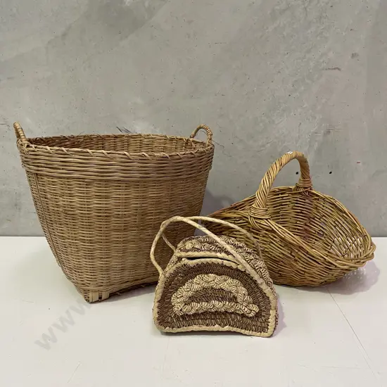 Assorted Cane/Wicker Baskets with Vintage Retro Woven Bag