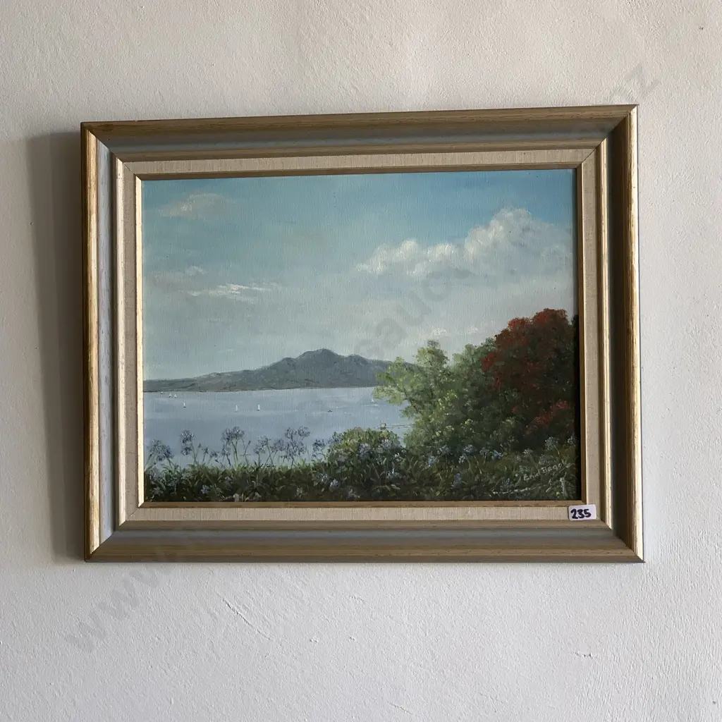 Original Oil on Board - Signed Enid Brook. Titled - Rangitoto Isld. Waitemata Harbour Auckland NZ, from Okahu Bay Image 1++