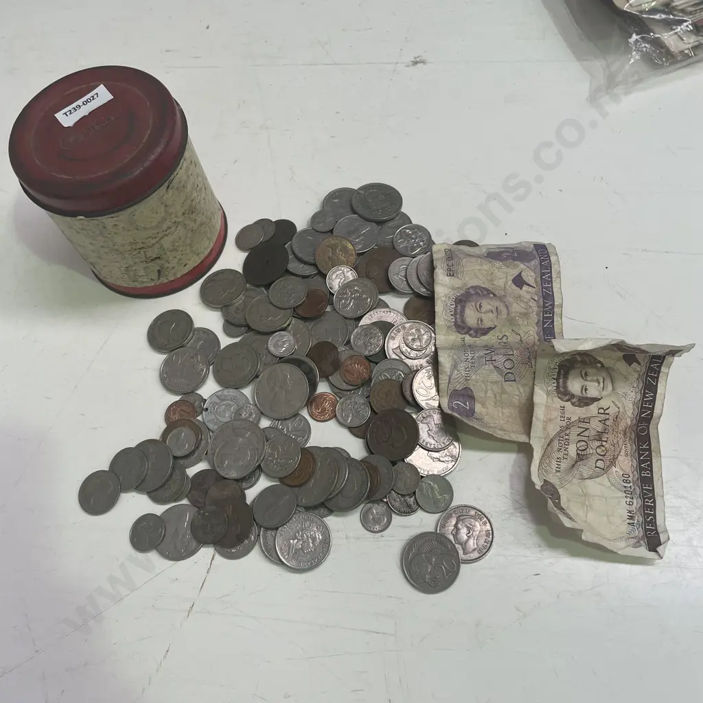 Assorted NZ Coins and Notes in Vintage Cadbury Tin Image 1++