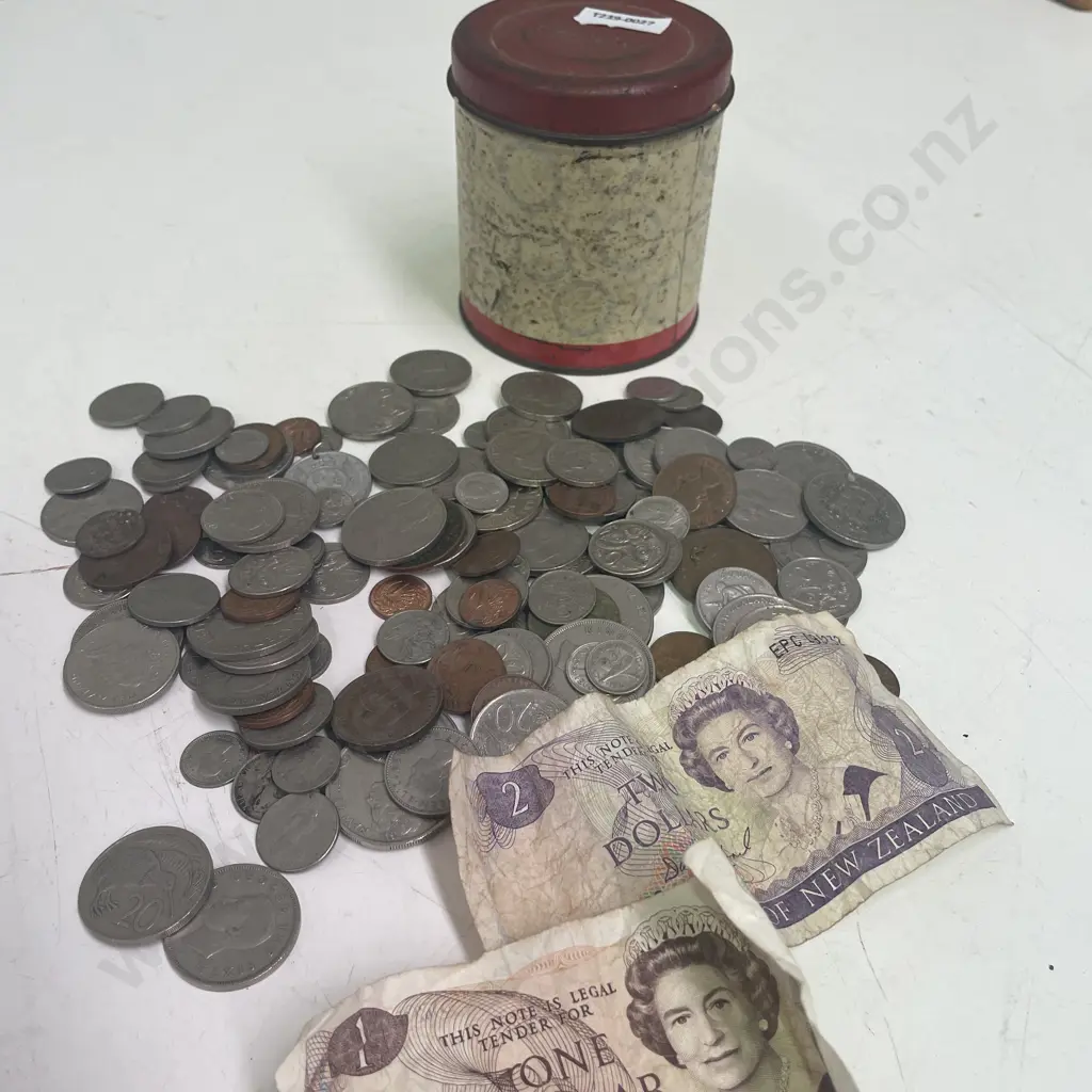Assorted NZ Coins and Notes in Vintage Cadbury Tin Image 1++