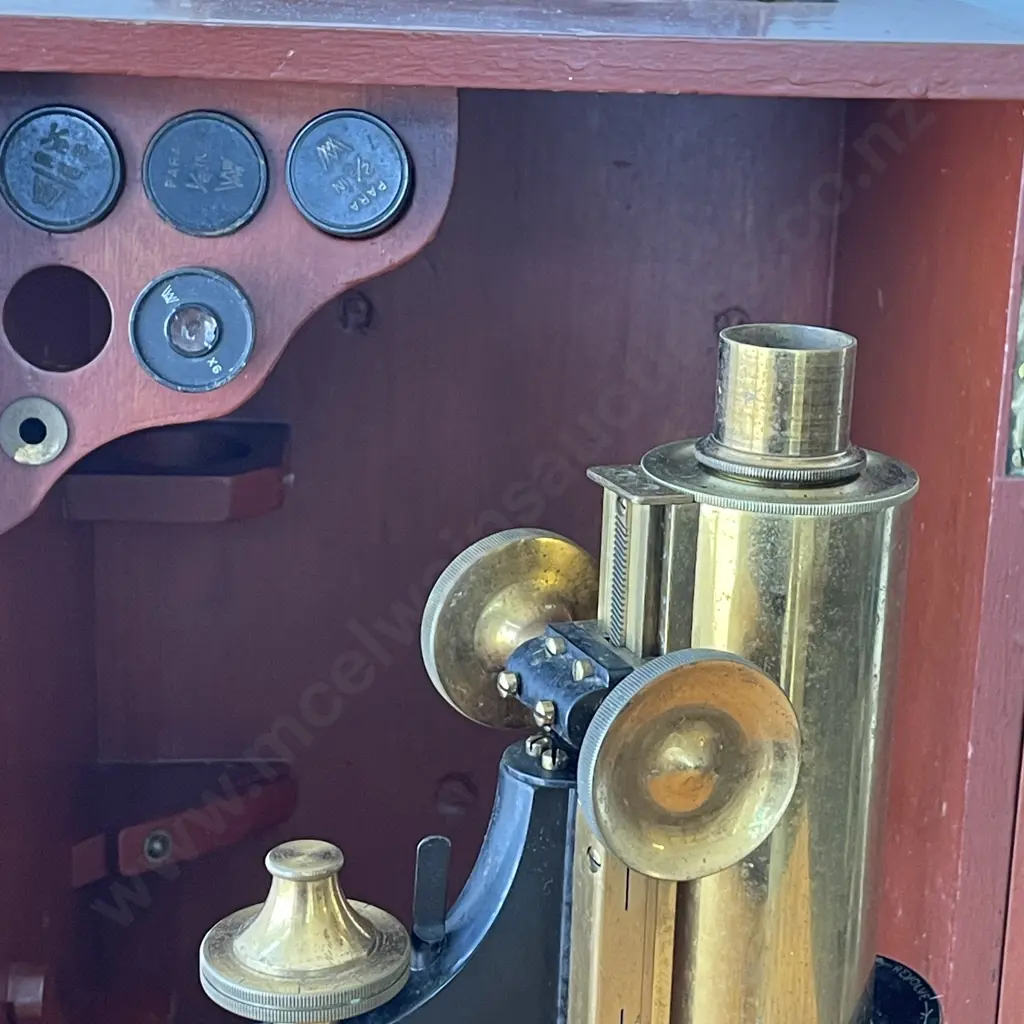 Antique W. Watson and Sons Ltd, London Brass Scientific Microscope. Boxed with key Image 1++