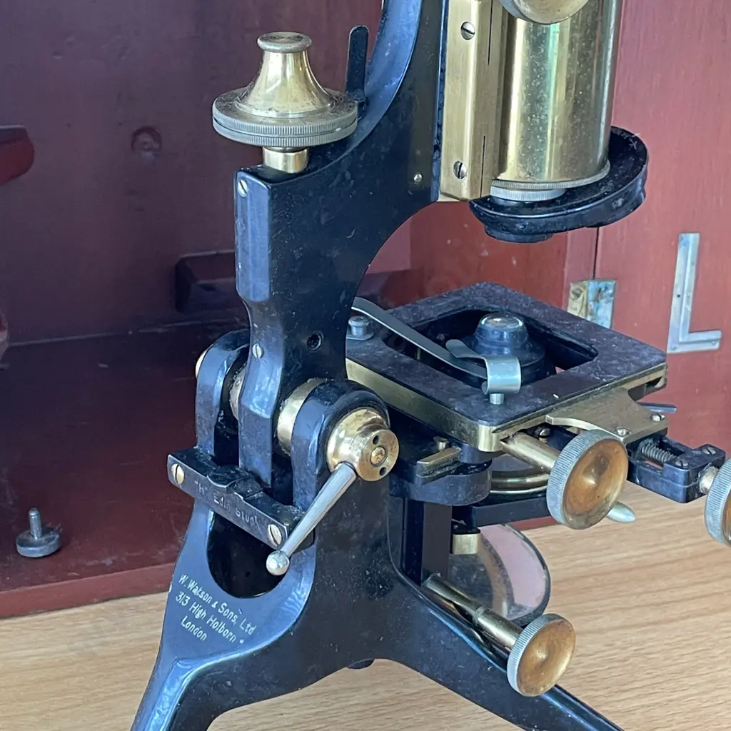 Antique W. Watson and Sons Ltd, London Brass Scientific Microscope. Boxed with key Image 1++