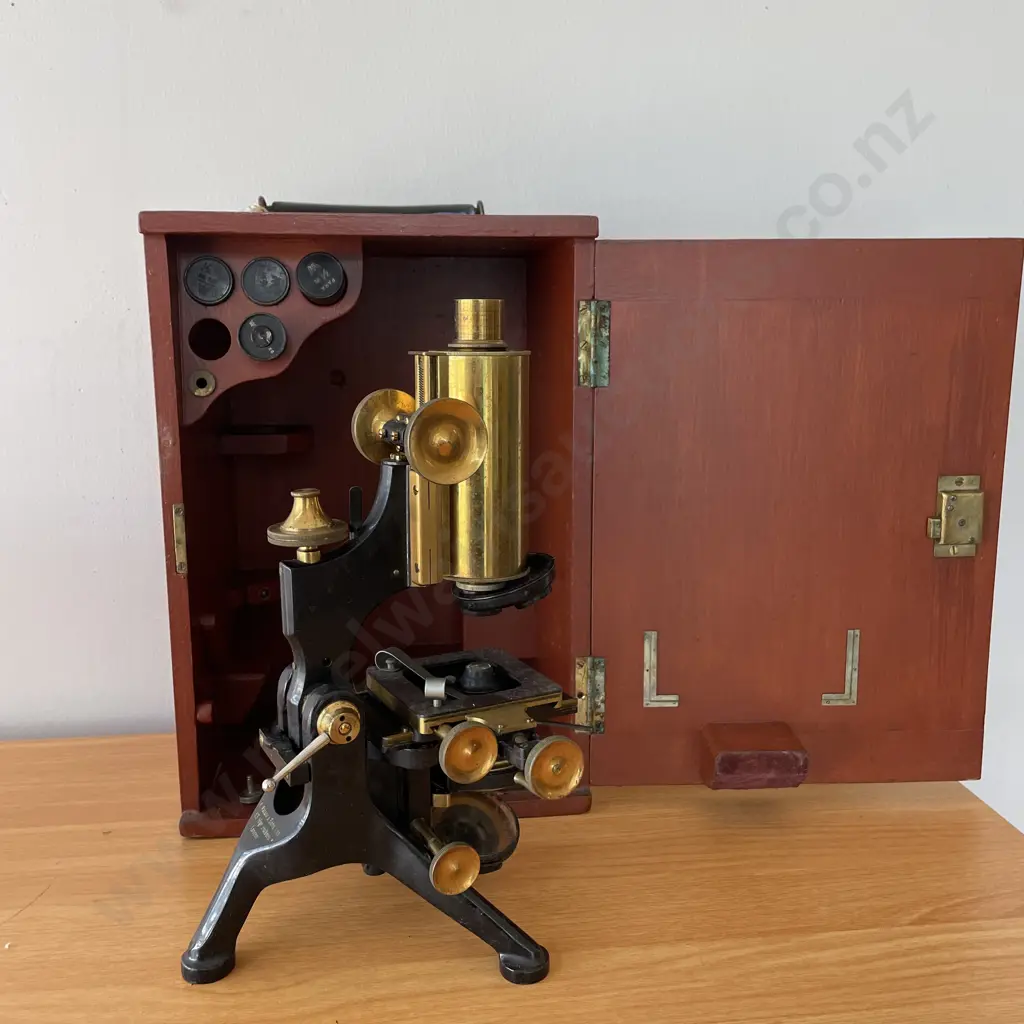 Antique W. Watson and Sons Ltd, London Brass Scientific Microscope. Boxed with key Image 1++