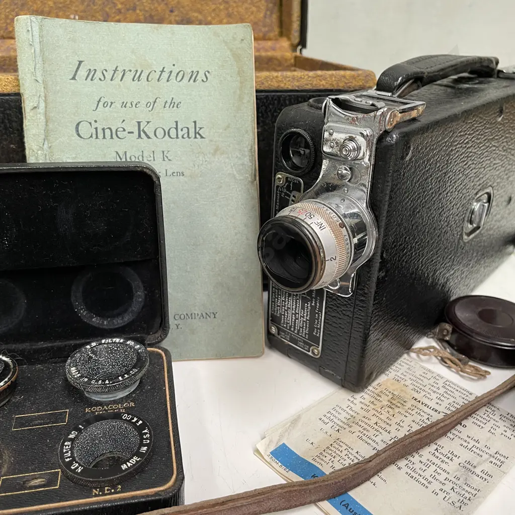 Vintage Cine-Kodak Model K with Case, manual etc. With Assorted Vintage Camera items and Binoculars Image 1++
