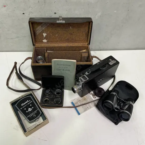 Vintage Cine-Kodak Model K with Case, manual etc. With Assorted Vintage Camera items and Binoculars