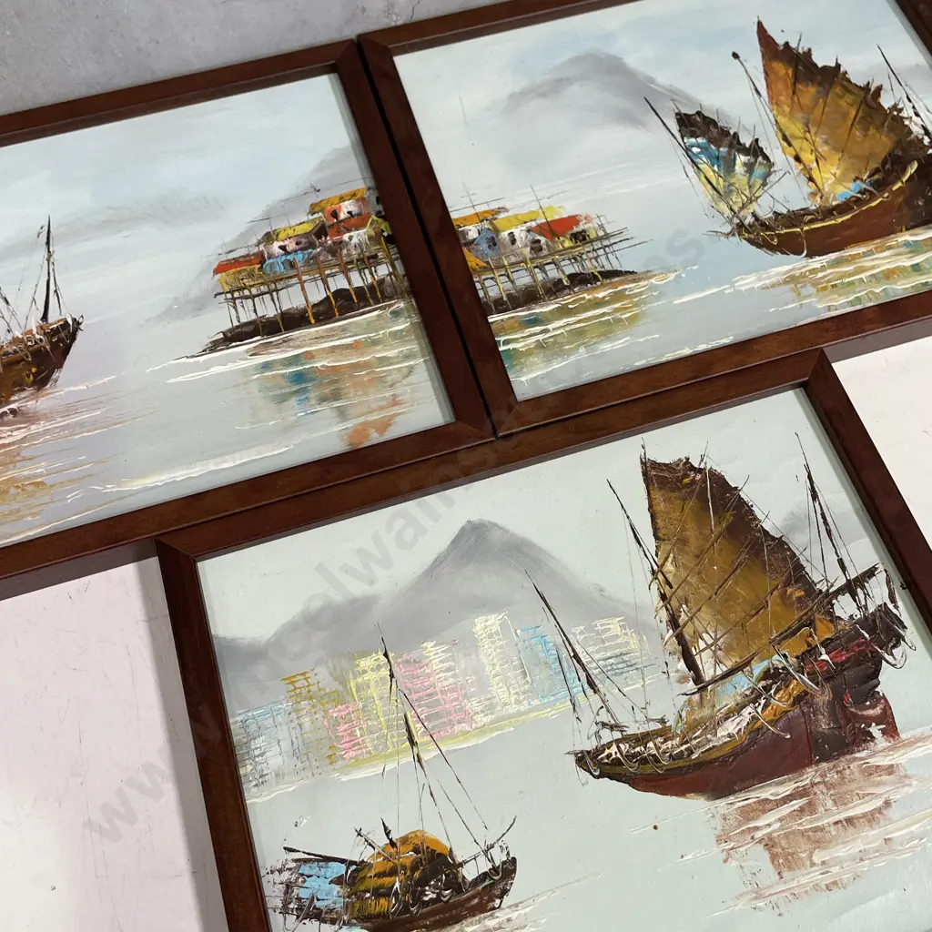 Trio of Framed Original Oil Artworks of Junk Boats. 28.5 x 23cm Image 1++