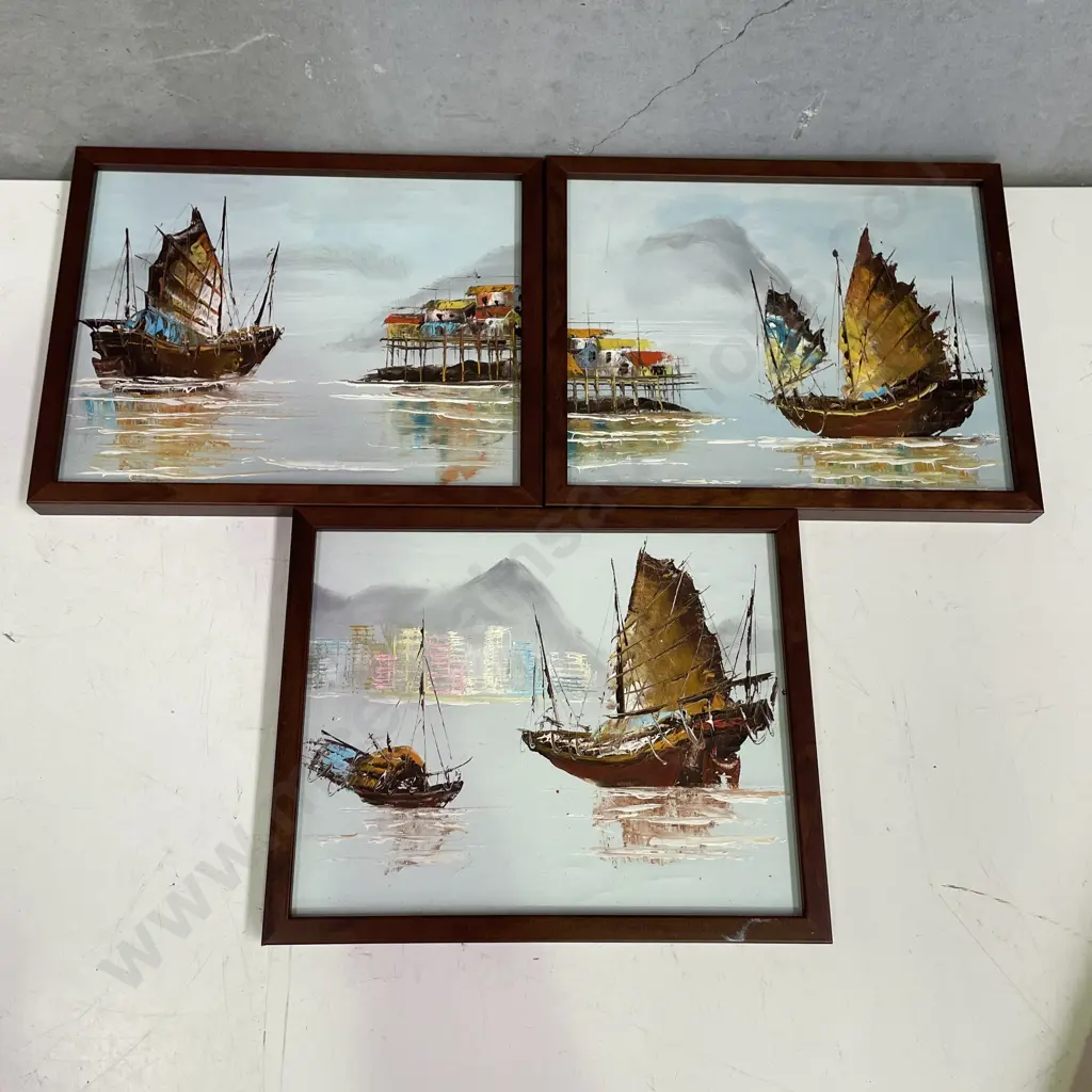 Trio of Framed Original Oil Artworks of Junk Boats. 28.5 x 23cm Image 1++