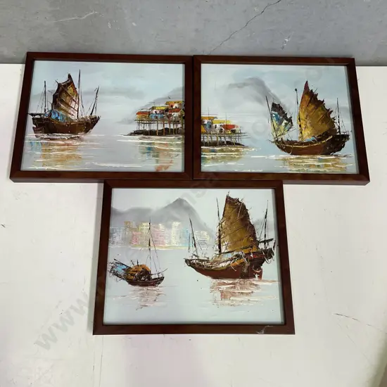 Trio of Framed Original Oil Artworks of Junk Boats. 28.5 x 23cm