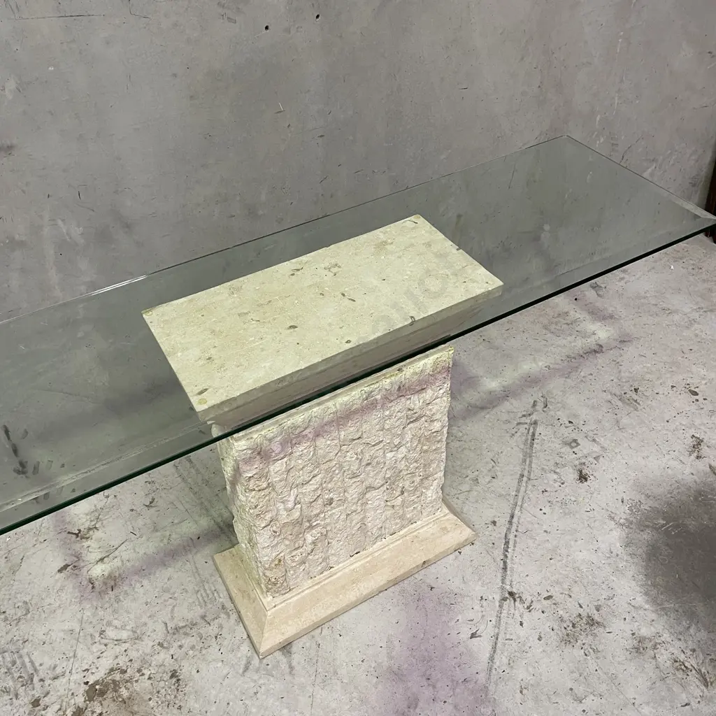 Classical Style Hall/Console Table. Marble look with Bevelled Glass Top. H75 W140 D40cm Image 1++