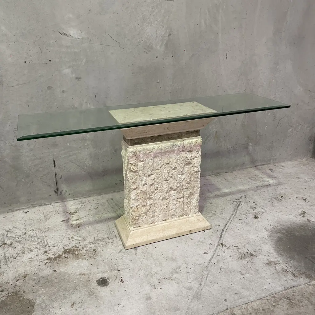 Classical Style Hall/Console Table. Marble look with Bevelled Glass Top. H75 W140 D40cm Image 1++