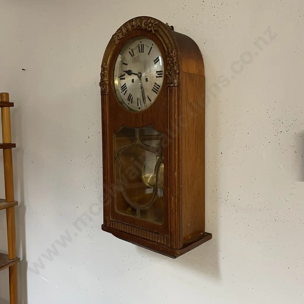Vintage H.A.C Clock. Made in Wurttemberg, Germany. Oak Cased, Wall Hung with Key. H770 W33 D17cm Image 1++