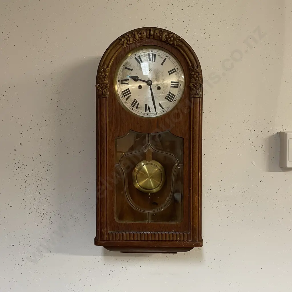 Vintage H.A.C Clock. Made in Wurttemberg, Germany. Oak Cased, Wall Hung with Key. H770 W33 D17cm Image 1++