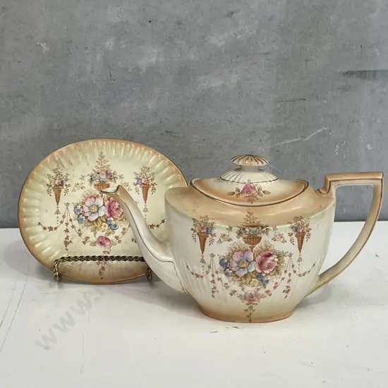 Devon Ware Handpainted Peachground Teapot and Stand