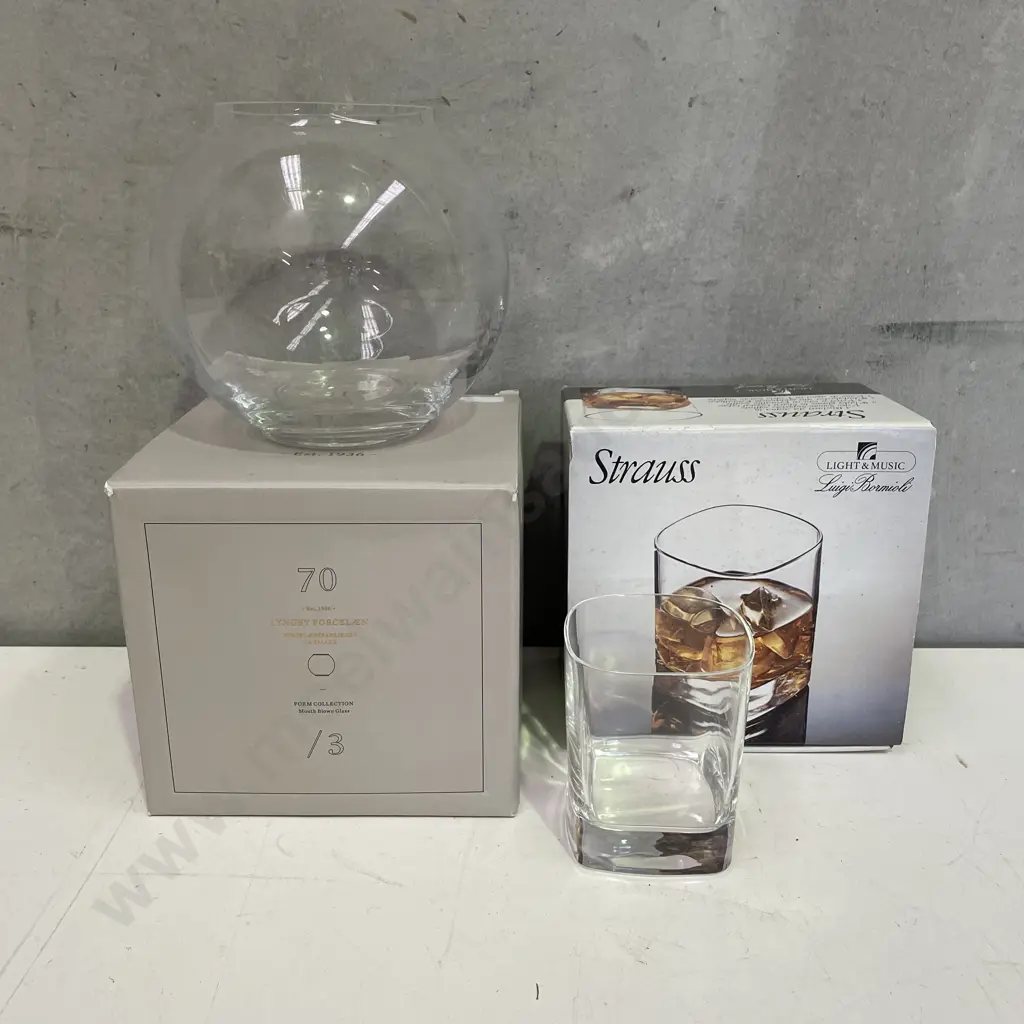 Boxed Set of 4 Strauss Whiskey Tumblers with Boxed Lyngby Denmark Bowl Image 1++