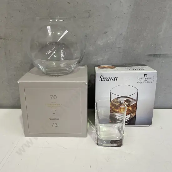 Boxed Set of 4 Strauss Whiskey Tumblers with Boxed Lyngby Denmark Bowl