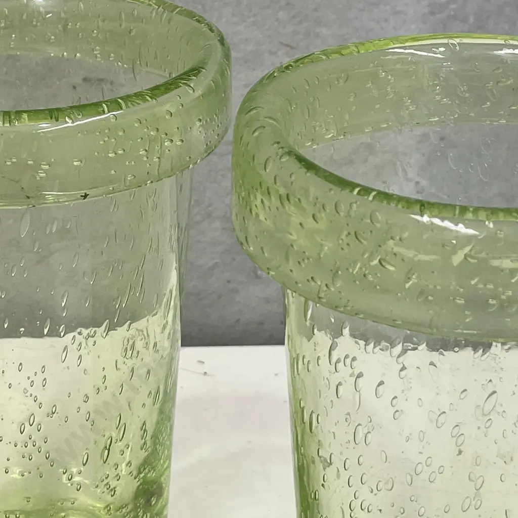 Pair Lime Green and Bubble patterned Rolled top Art Glass Vases. H19.5cm Image 1++