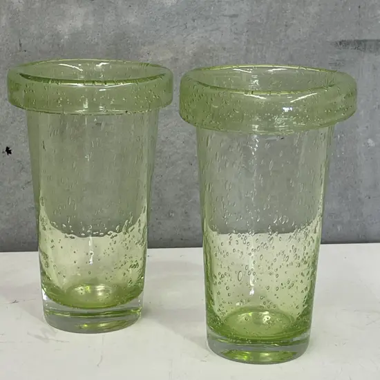 Pair Lime Green and Bubble patterned Rolled top Art Glass Vases. H19.5cm
