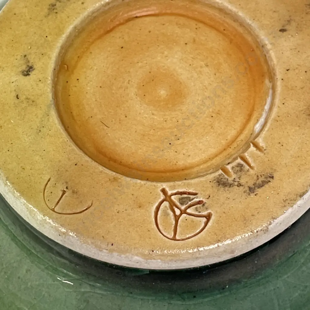 Vintage Celedon Signed Glazed Art Pottery Bowl. Mark as shown. H9cm Dia18.5cm Image 1++
