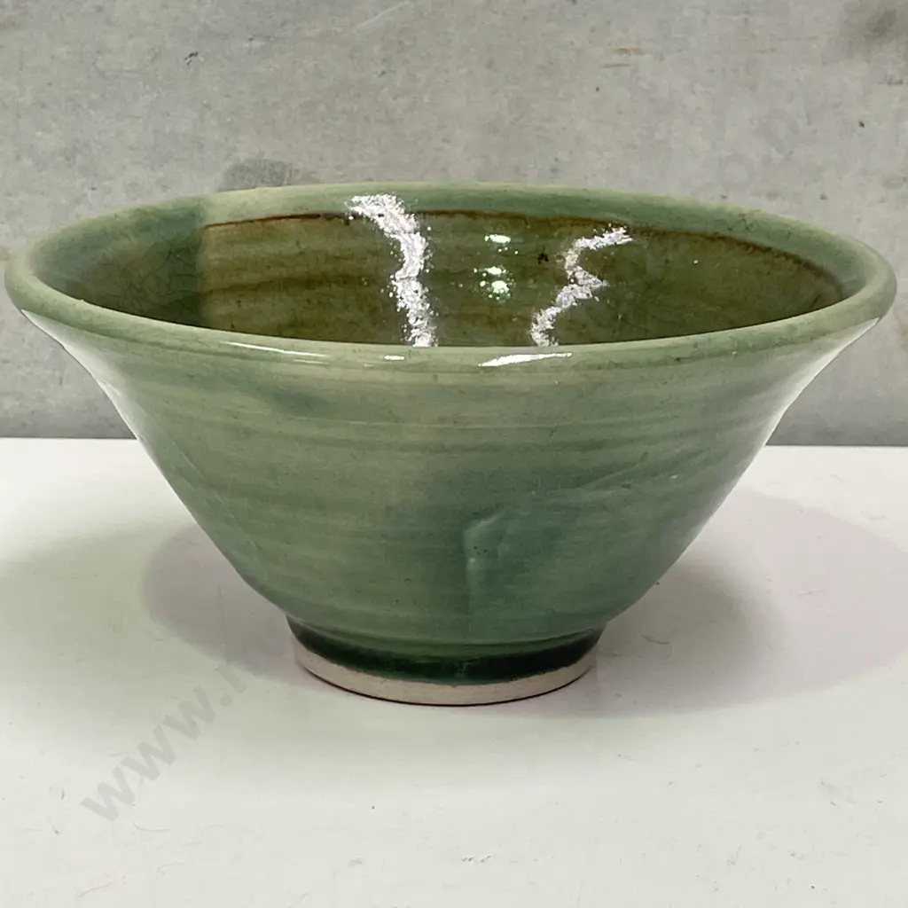 Vintage Celedon Signed Glazed Art Pottery Bowl. Mark as shown. H9cm Dia18.5cm Image 1++