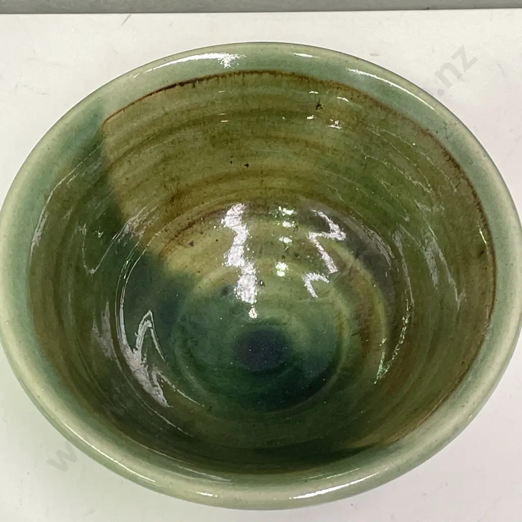 Vintage Celedon Signed Glazed Art Pottery Bowl. Mark as shown. H9cm Dia18.5cm Image 1++