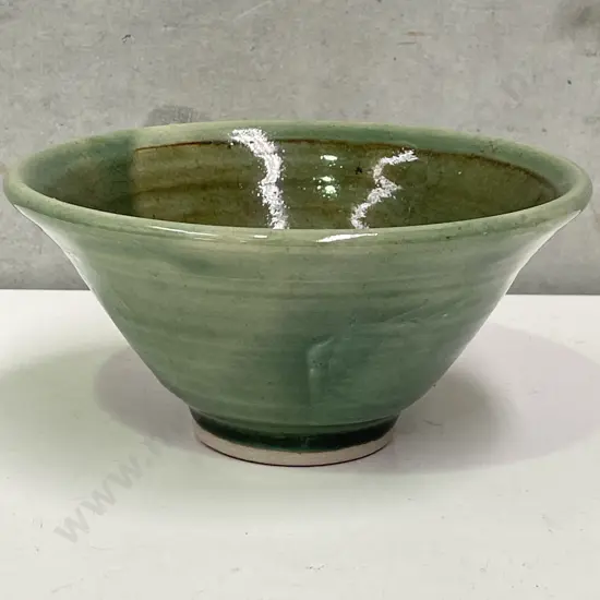 Vintage Celedon Signed Glazed Art Pottery Bowl. Mark as shown. H9cm Dia18.5cm