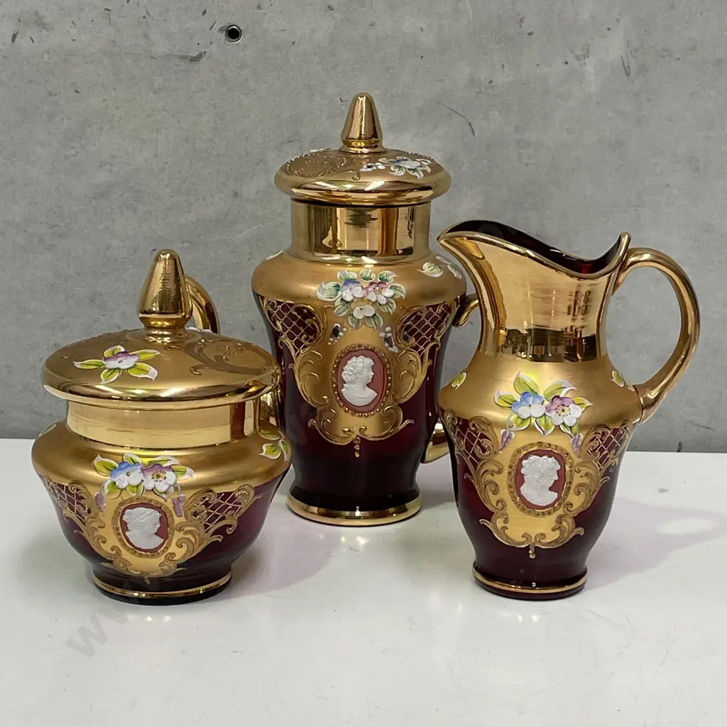 Vintage Tre Fuochi Venetian Murano Ruby Glass 24K Teapot, lidded sugar and Jug with Cameo insert Image 1++