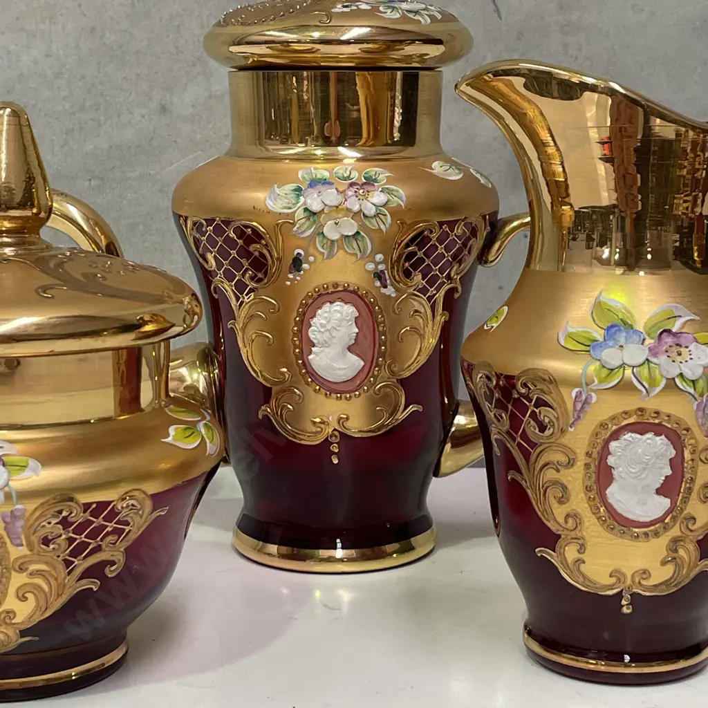 Vintage Tre Fuochi Venetian Murano Ruby Glass 24K Teapot, lidded sugar and Jug with Cameo insert Image 1++