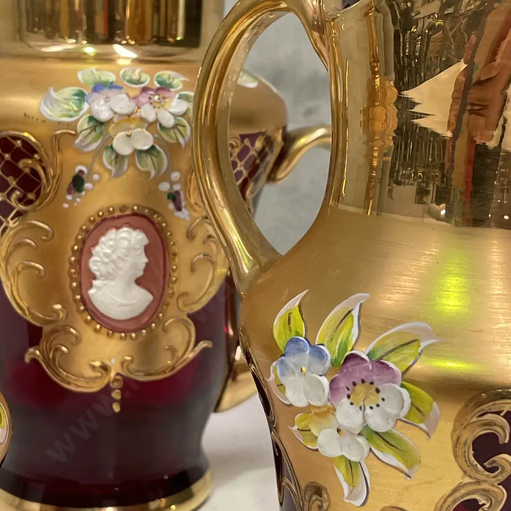 Vintage Tre Fuochi Venetian Murano Ruby Glass 24K Teapot, lidded sugar and Jug with Cameo insert Image 1++