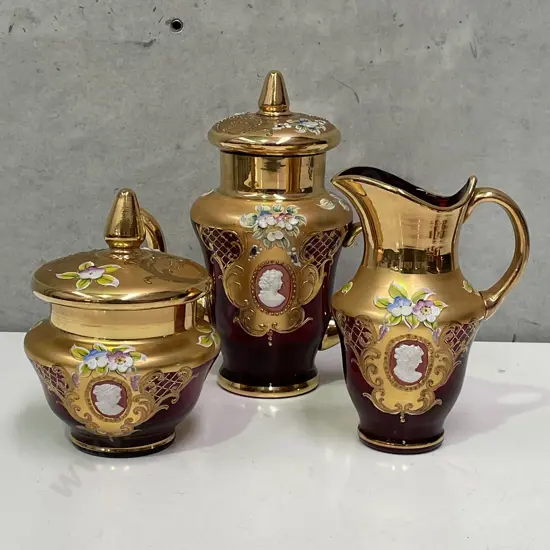 Vintage Tre Fuochi Venetian Murano Ruby Glass 24K Teapot, lidded sugar and Jug with Cameo insert