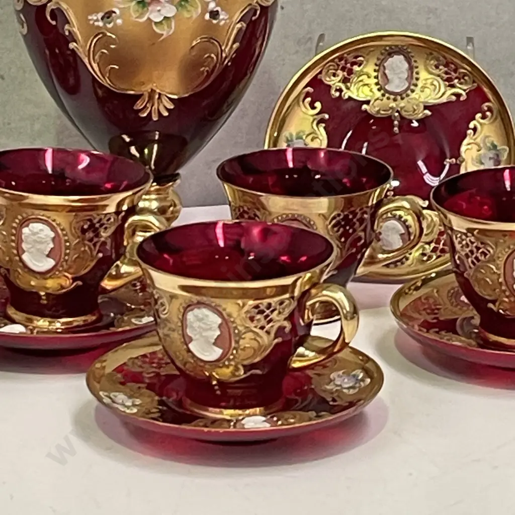 Vintage Tre Fuochi Venetian Murano Ruby Glass 24K Set of 6 Duos with Cameo insert and Vase H22cm Image 1++