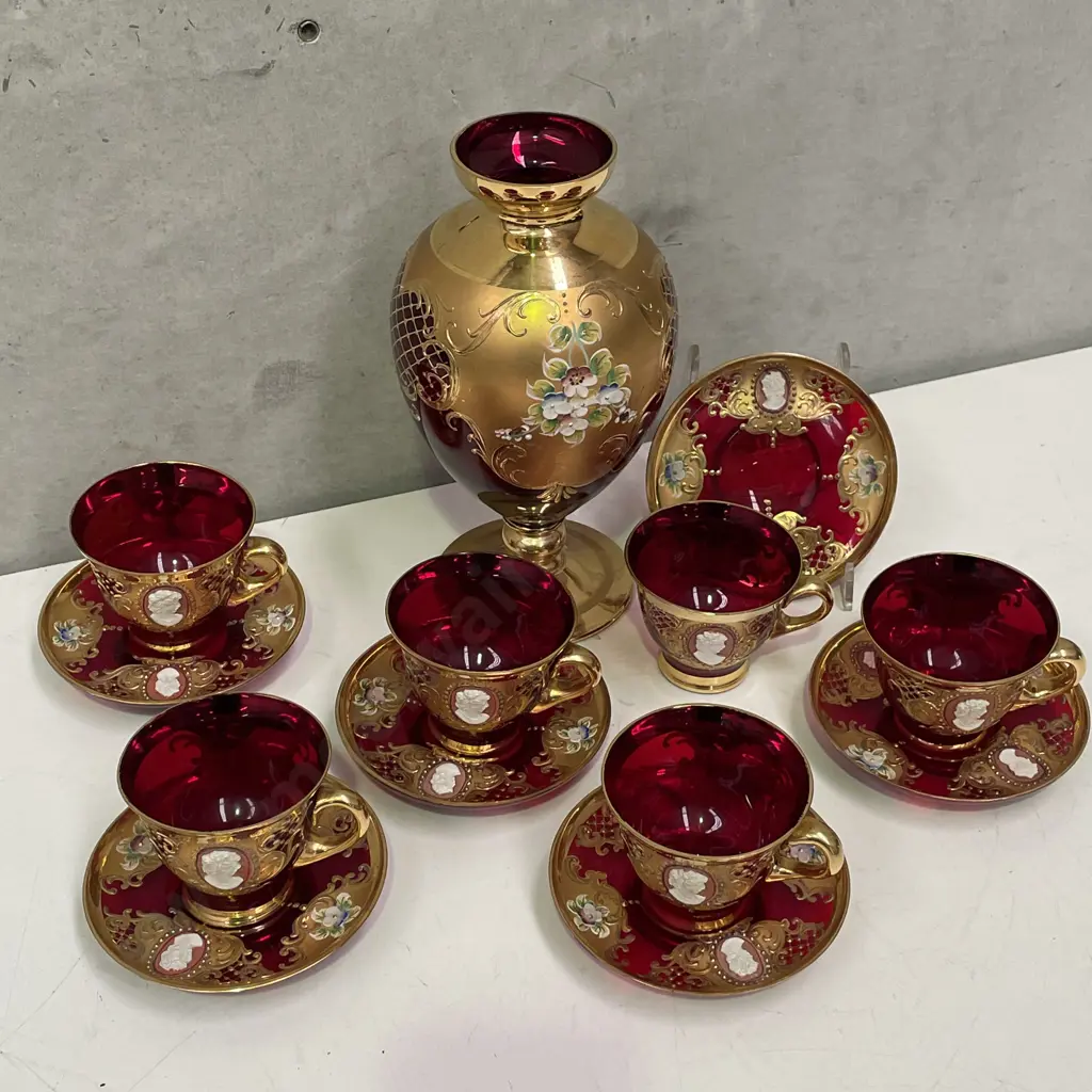 Vintage Tre Fuochi Venetian Murano Ruby Glass 24K Set of 6 Duos with Cameo insert and Vase H22cm Image 1++