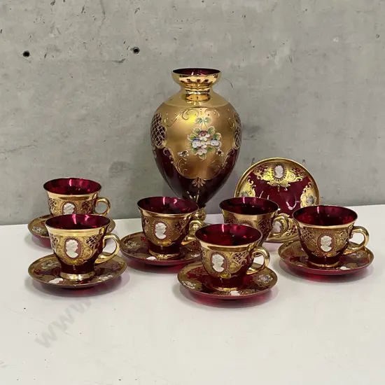 Vintage Tre Fuochi Venetian Murano Ruby Glass 24K Set of 6 Duos with Cameo insert and Vase H22cm