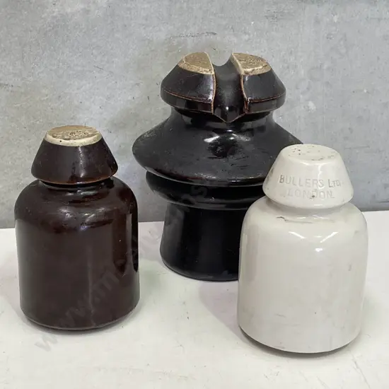Three Vintage Stoneware Insulators. 2 NZ Made, 1 Bullers Ltd London