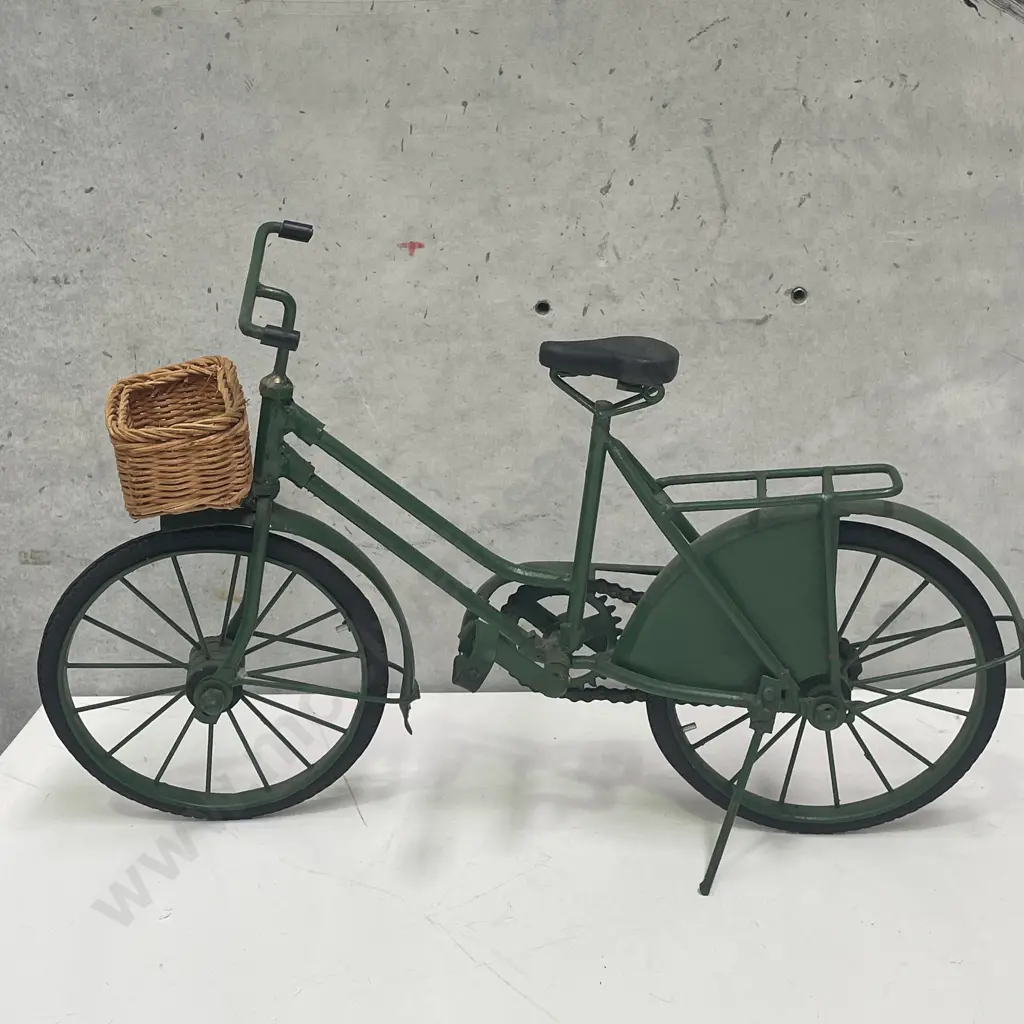 Large Green painted Metal Bike with basket Ornament, on Stand Image 1++