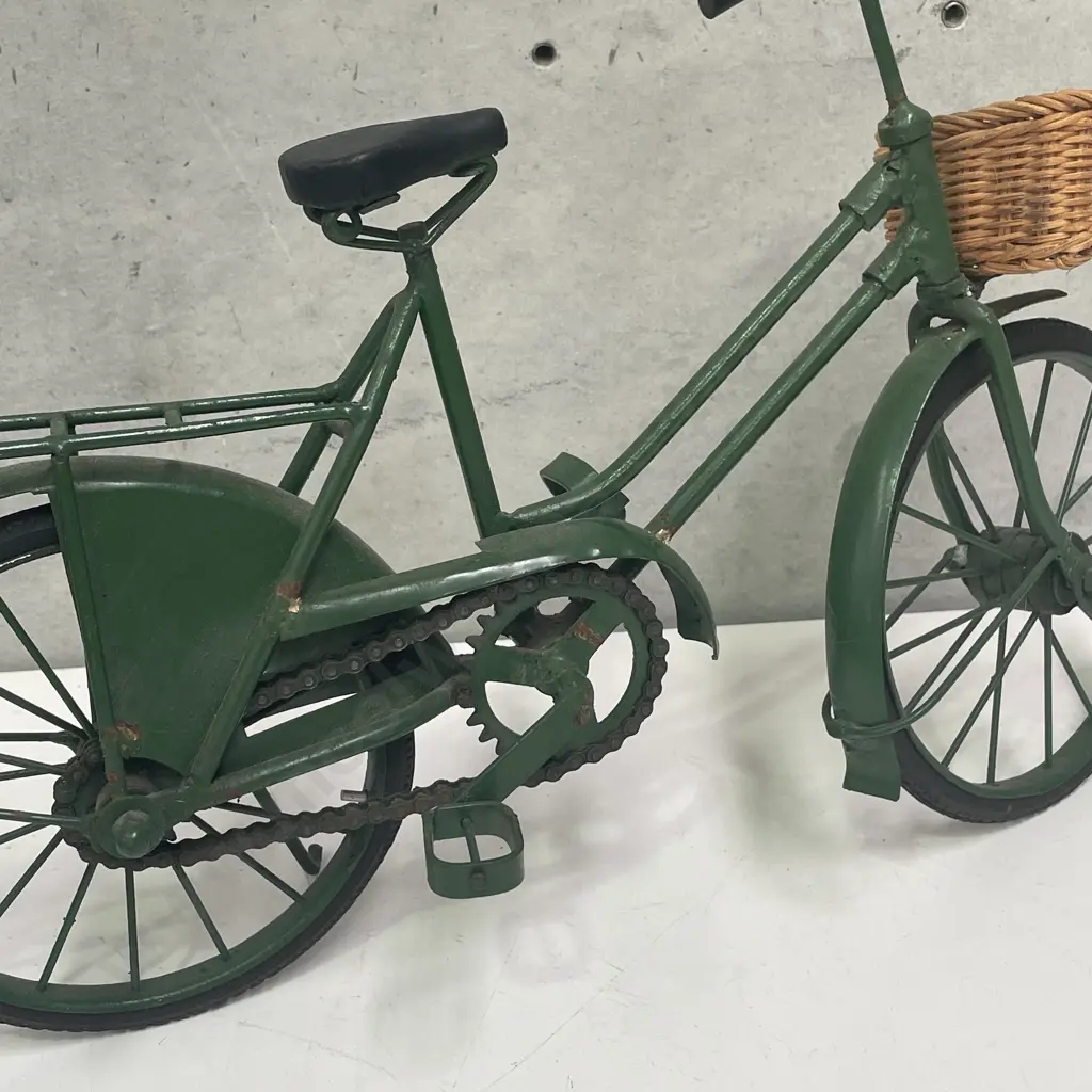 Large Green painted Metal Bike with basket Ornament, on Stand Image 1++