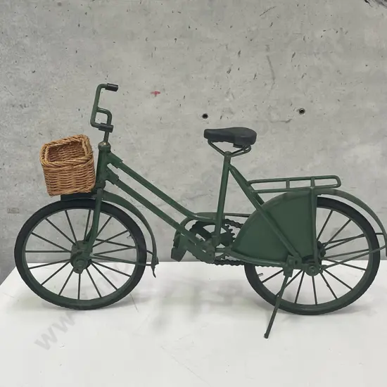 Large Green painted Metal Bike with basket Ornament, on Stand